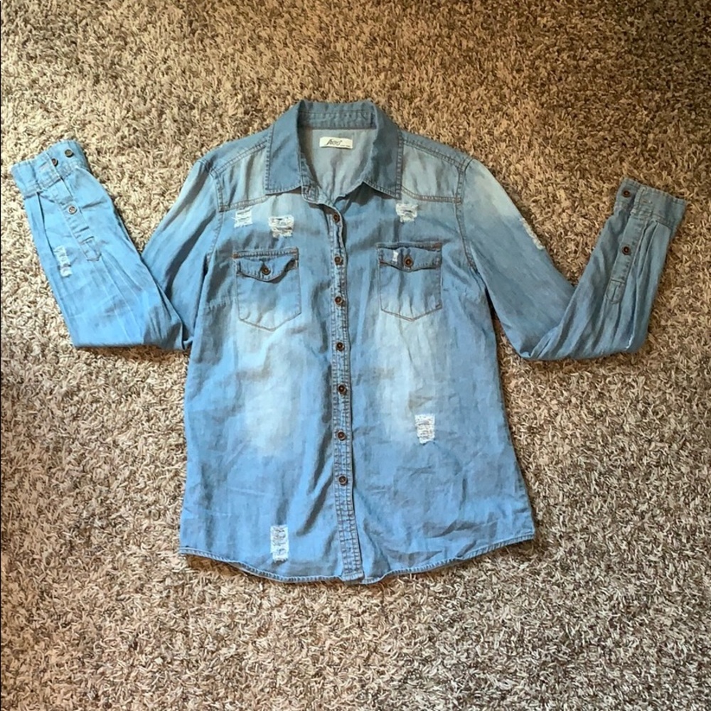 Distressed denim flannel